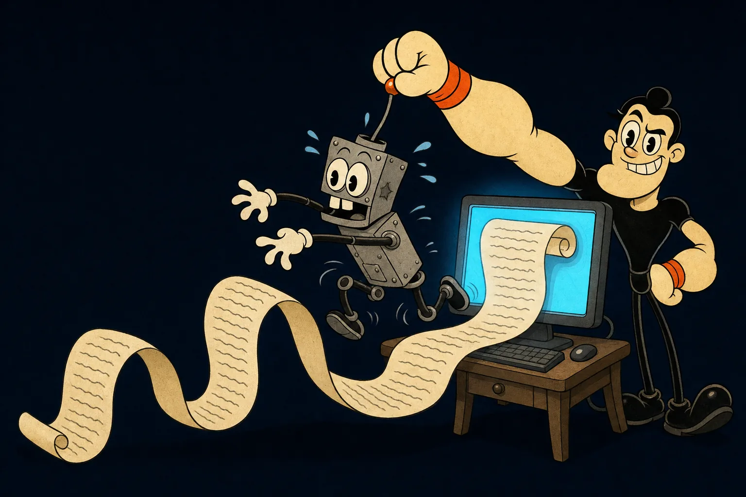 A cartoon strongman holds a flailing robot back by its antenna while an article scrolls out of a computer screen, just out of the robot's reach
